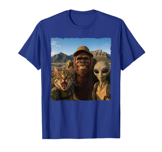 Bigfoot Alien Cat Funny Selfie Hiking Squad Cape Town T-Shirt