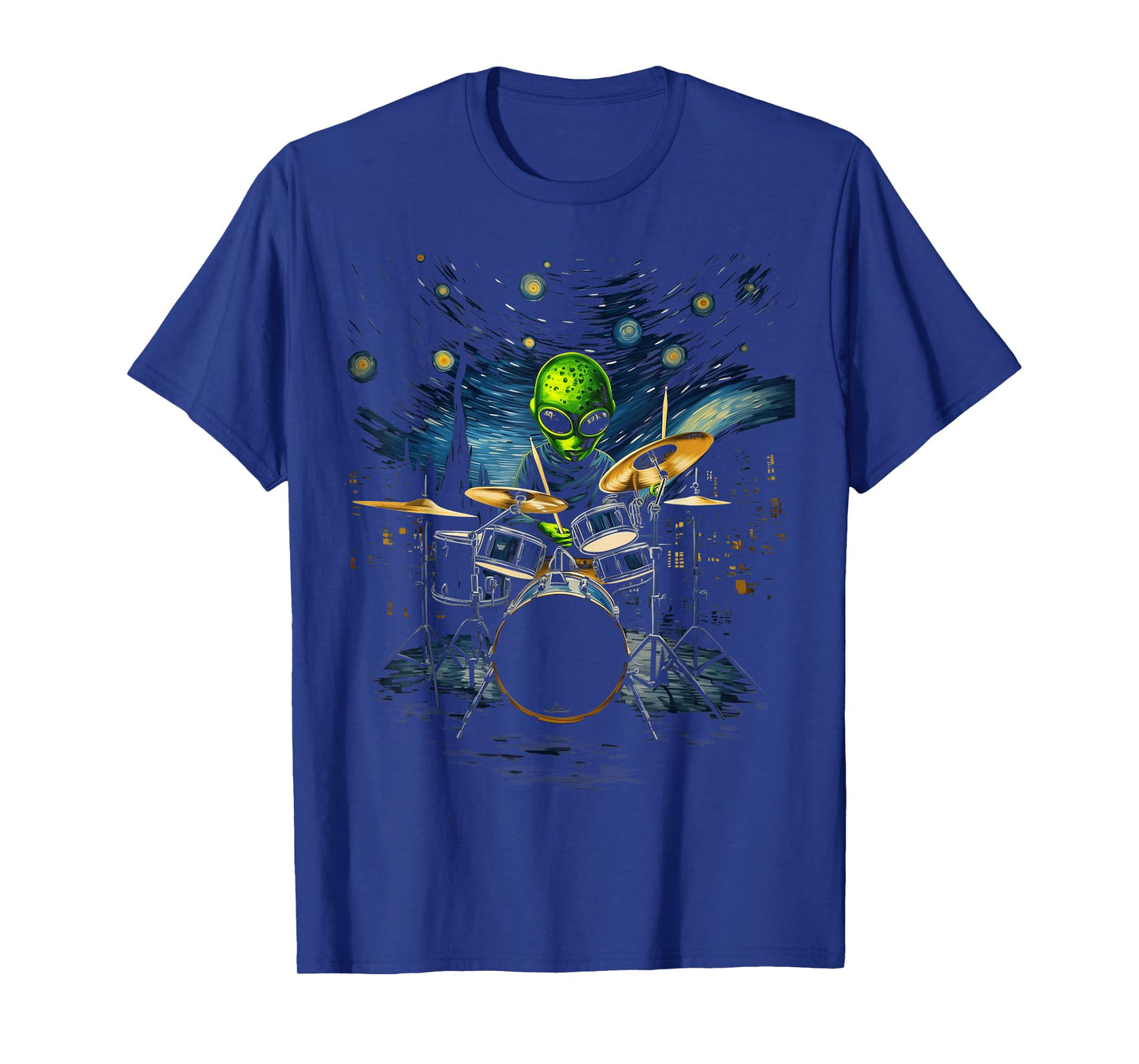 Drum Kit Percussionist Drummer Van Gogh Alien Playing Drums T-Shirt