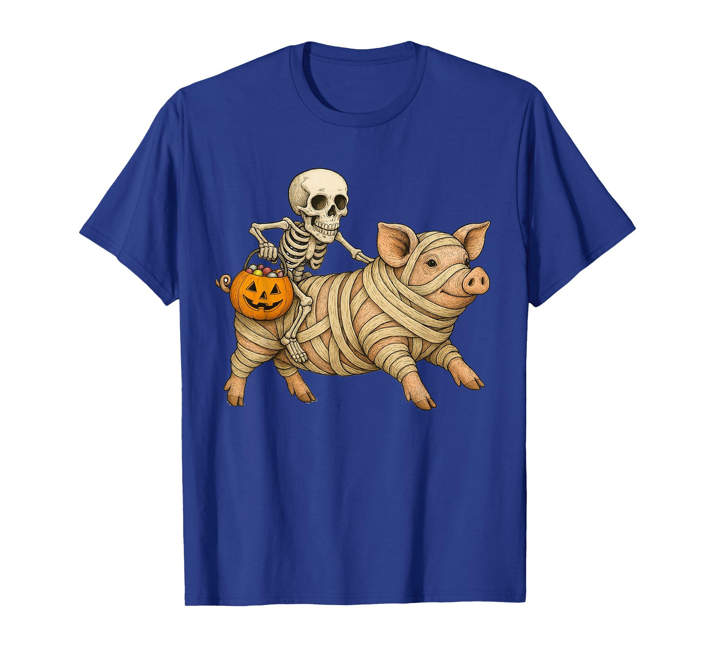 Skeleton Riding Mummy Pig Halloween Funny Pumpkin T-Shirt