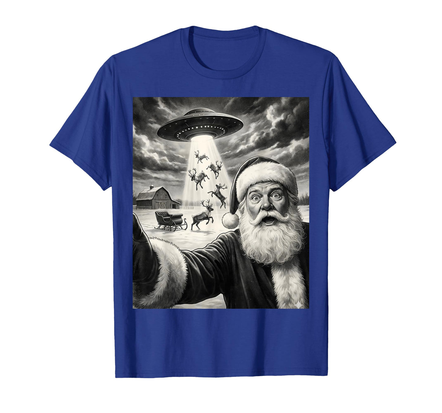 Santa Selfie with Alien UFO Funny Reindeer Men Women Kids T-Shirt