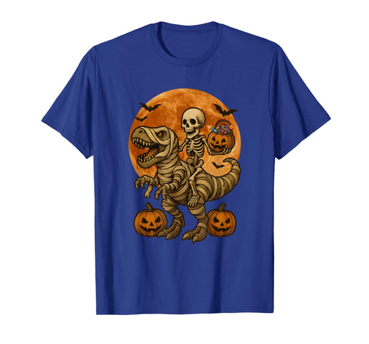 Skeleton on Dinosaur for Spooky Halloween Costume Pumpkin T-Shirt