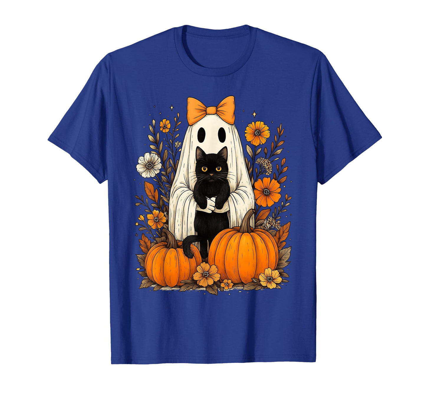 Vintage Halloween Ghost Holding Black Cat Groovy Floral T-Shirt
