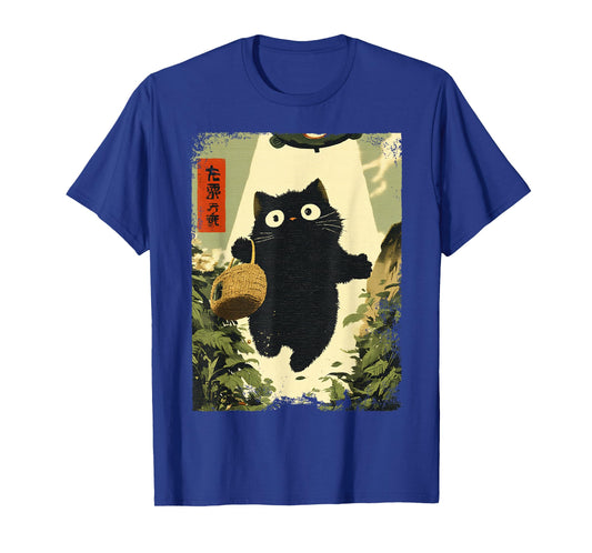 Funny Vintage Japanese Black Cat UFO Alien Meme Abduction T-Shirt