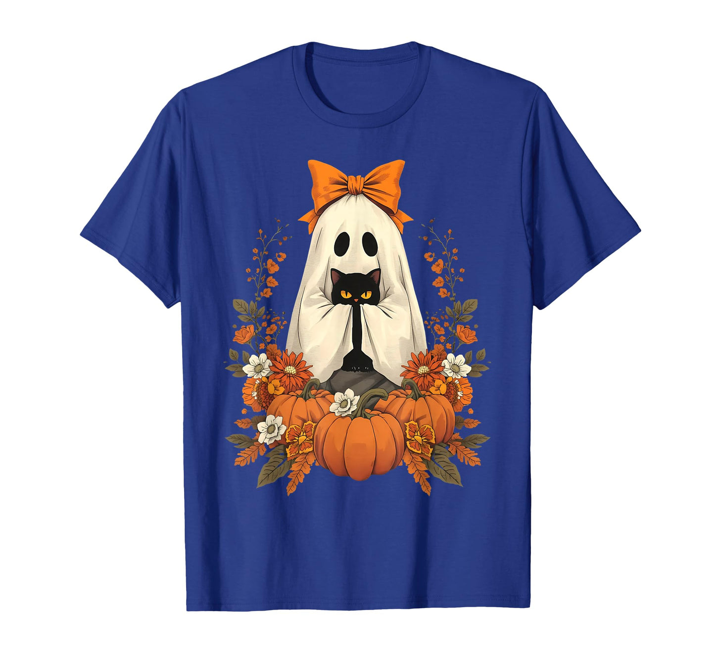 Vintage Halloween Ghost Holding Cat Groovy Floral Cat Meme T-Shirt