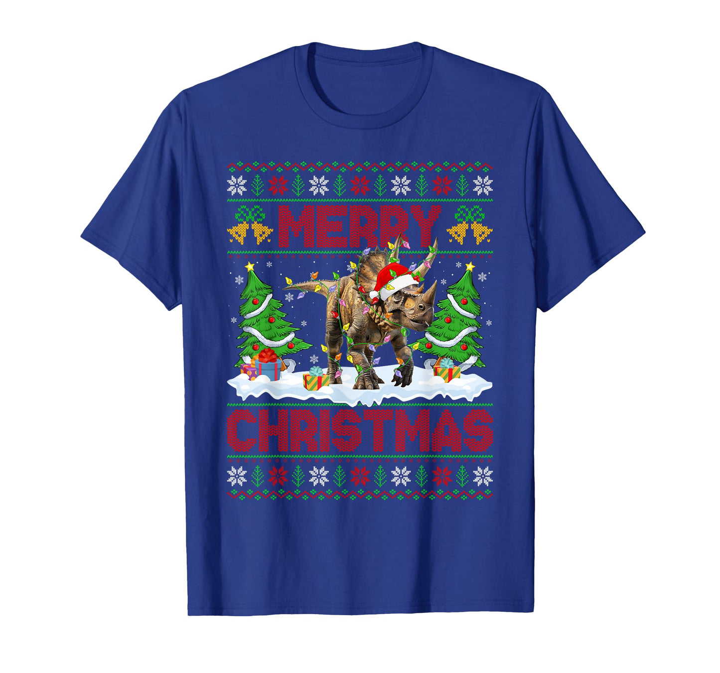 Triceratops Ugly Xmas Sweaters Dinosaur Lights Christmas T-Shirt