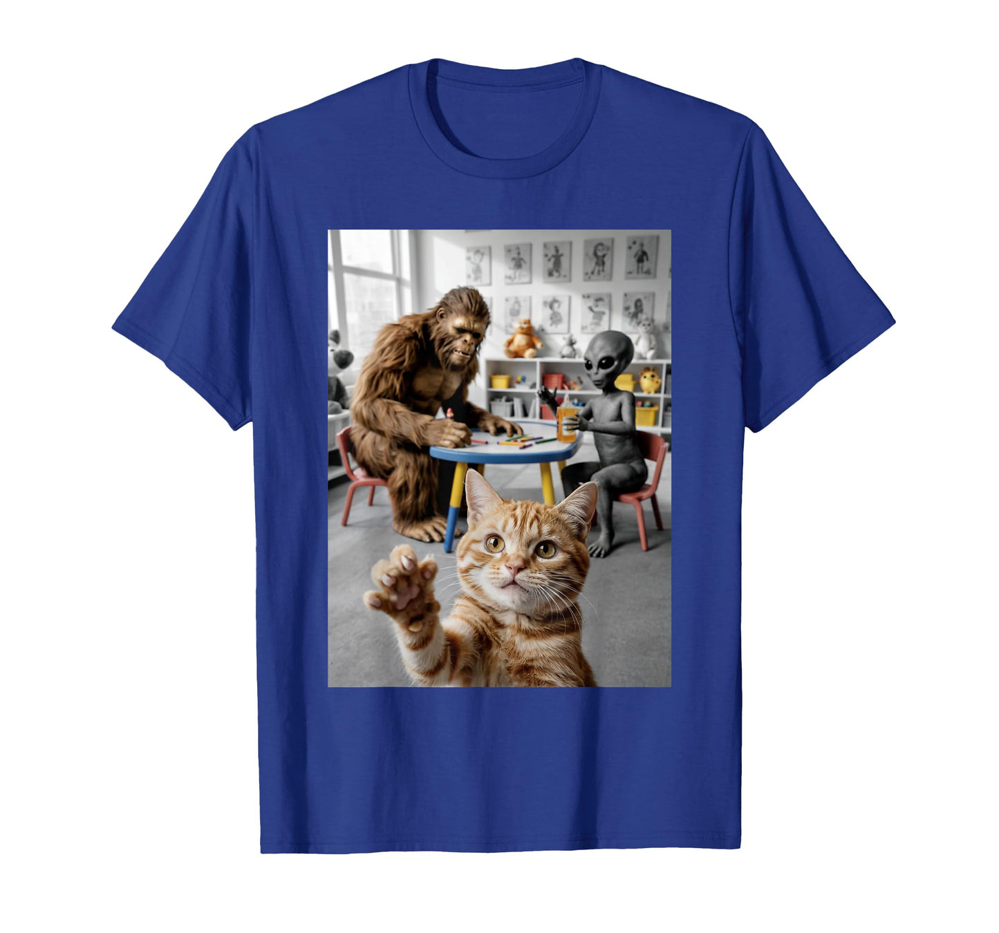 Funny School Classroom Cat Selfie with Bigfoot and Alien T-Shirt