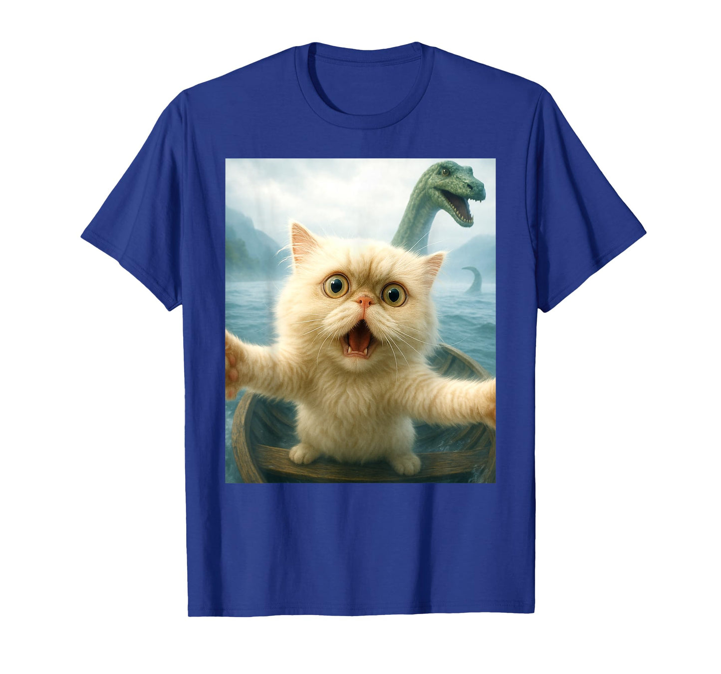Persian Cat Selfie Cat Chased By Loch Ness Monster Nessie T-Shirt