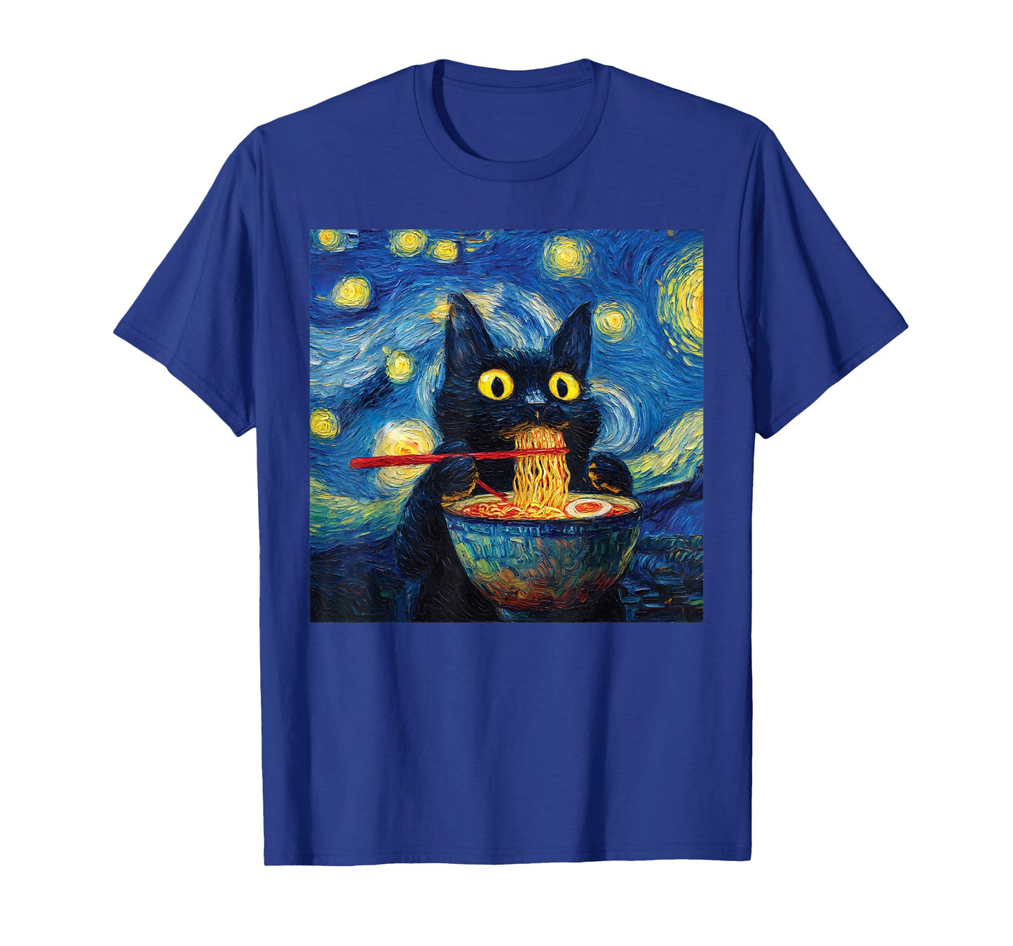 Cat Eating Ramen Under Starry Nighit Funny Noodle Cat Art T-Shirt