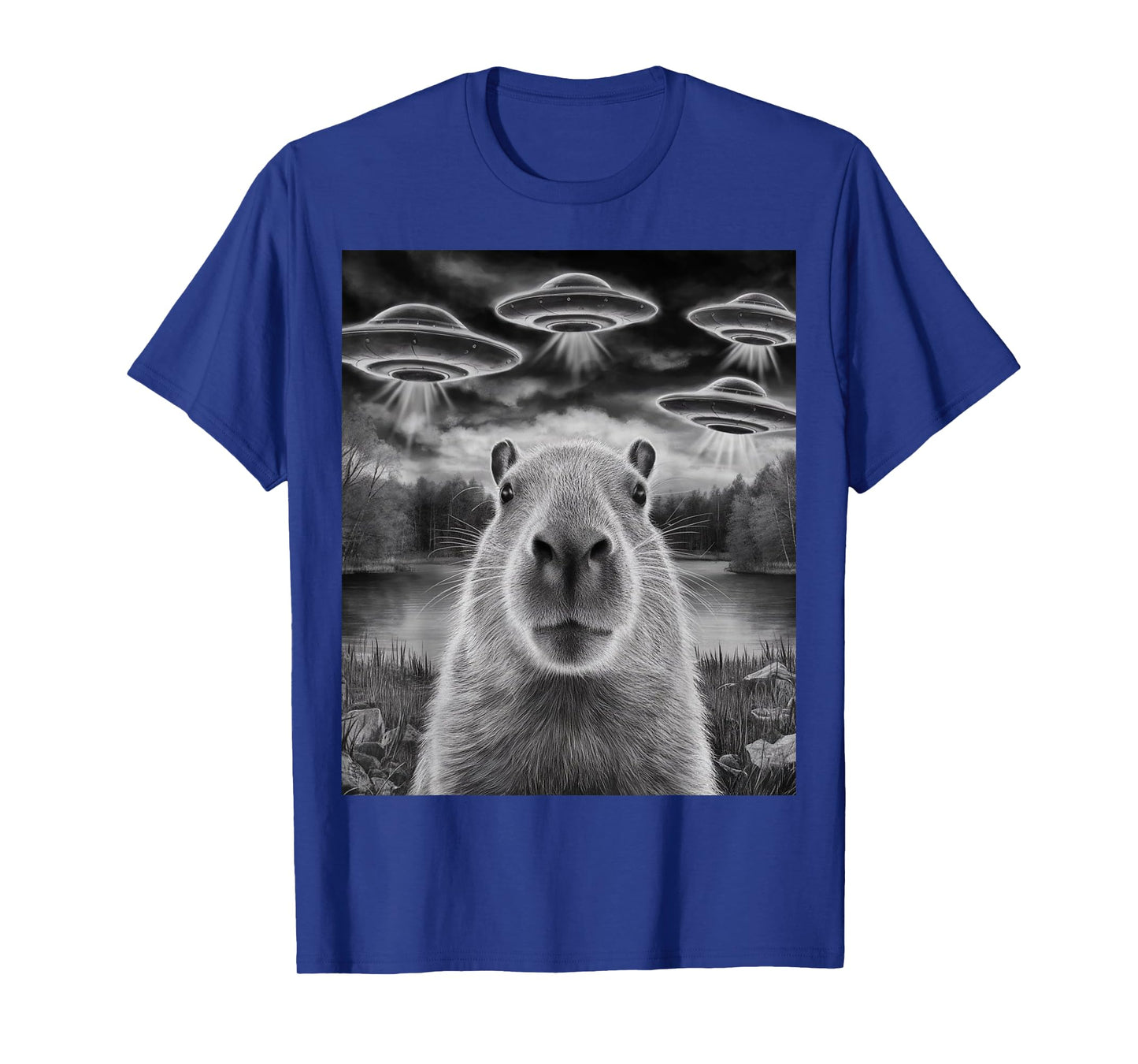 Funny Capybara Selfie with UFOs Weird Design Women Men T-Shirt
