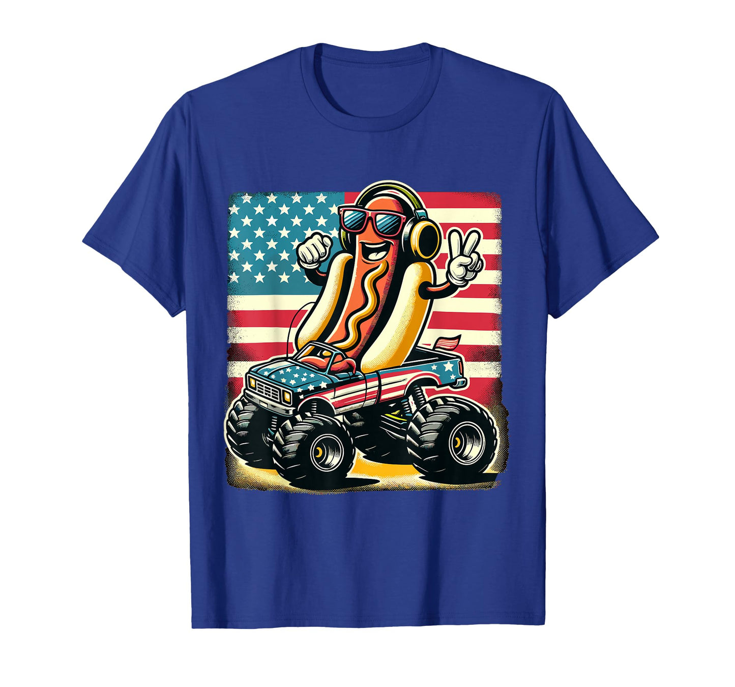 Monster Truck 4th Of July Hotdog Peace Sign American Flag T-Shirt