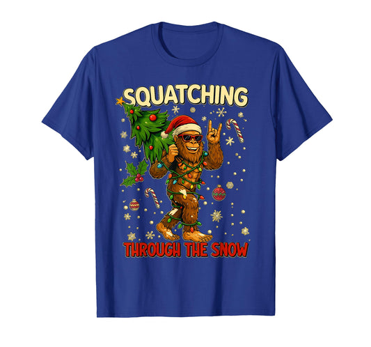 Squatching Through The Snow Funny Bigfoot Xmas Lights Gifts T-Shirt