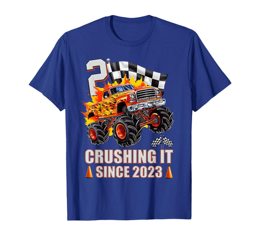 2 Crushing It Since 2023 2nd Birthday Monster Truck Kids T-Shirt