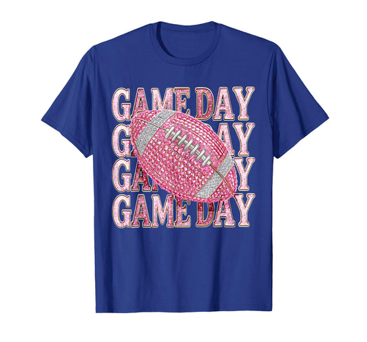 Pink Sparkle Game Day Football Mom Team Girls Women Black T-Shirt