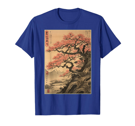 Vintage Cherry Blossom Woodblock Tee Japanese Graphical Art T-Shirt