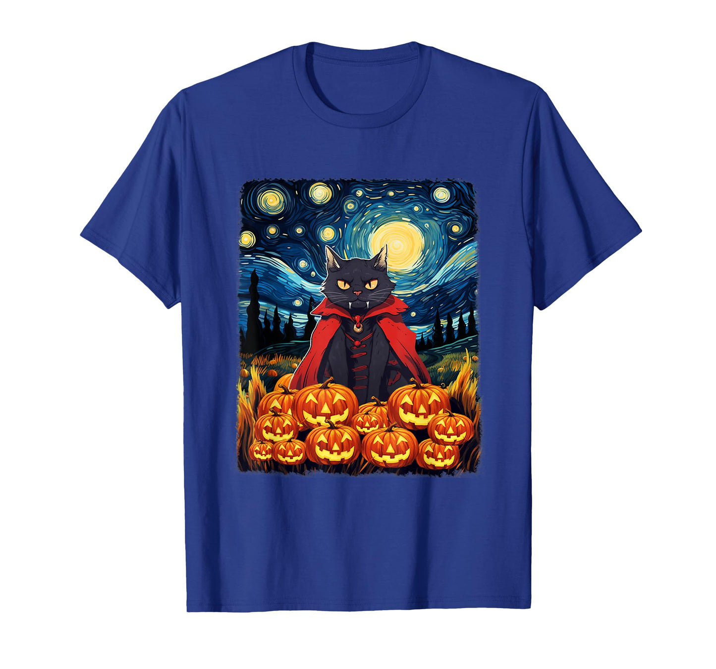 Dracula Cat Starry Night Van Gogh Retro Halloween Cat T-Shirt