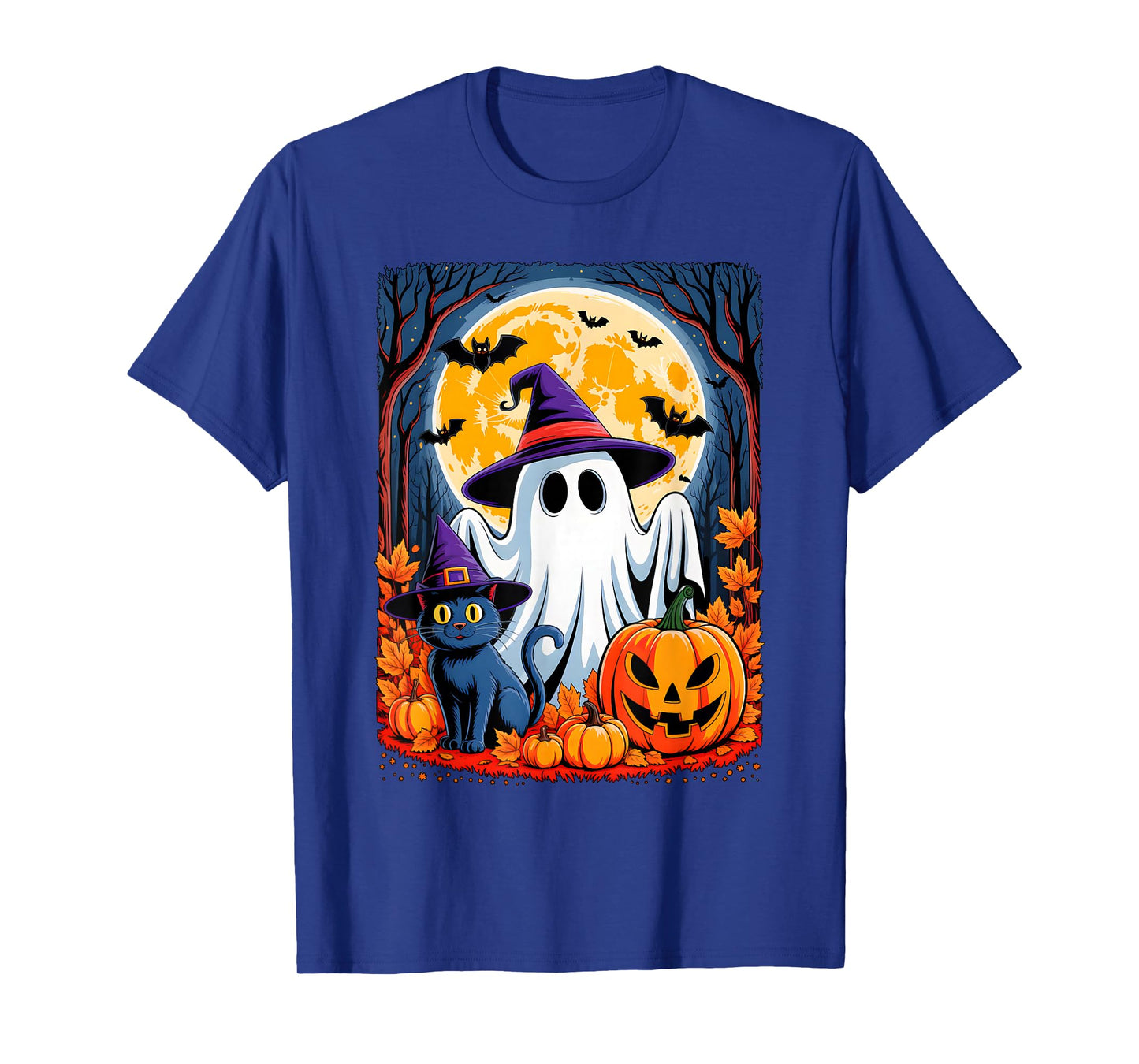 Cute Ghost Black Cat Halloween Witch Pumpkin Dark Forest T-Shirt