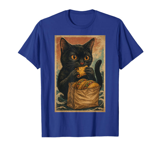 Funny Black Cat Eating Tacos Retro Japanese T-Shirt