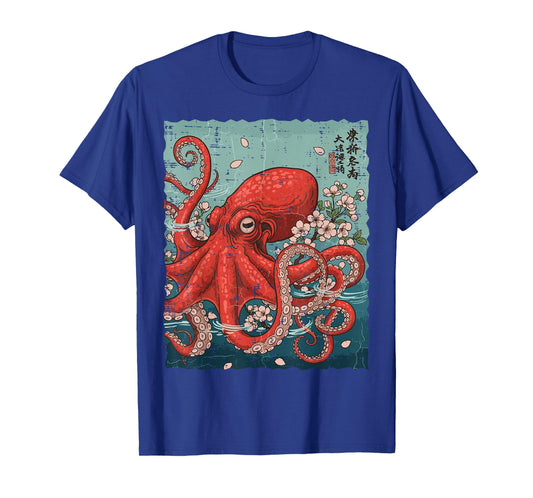 Japanese Red Octopus Sakura Vintage Ukiyo-e Men Women Kids T-Shirt
