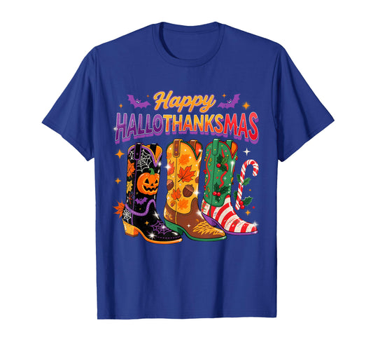 Western Holiday Boots Happy Hallothanksmas Design T-Shirt
