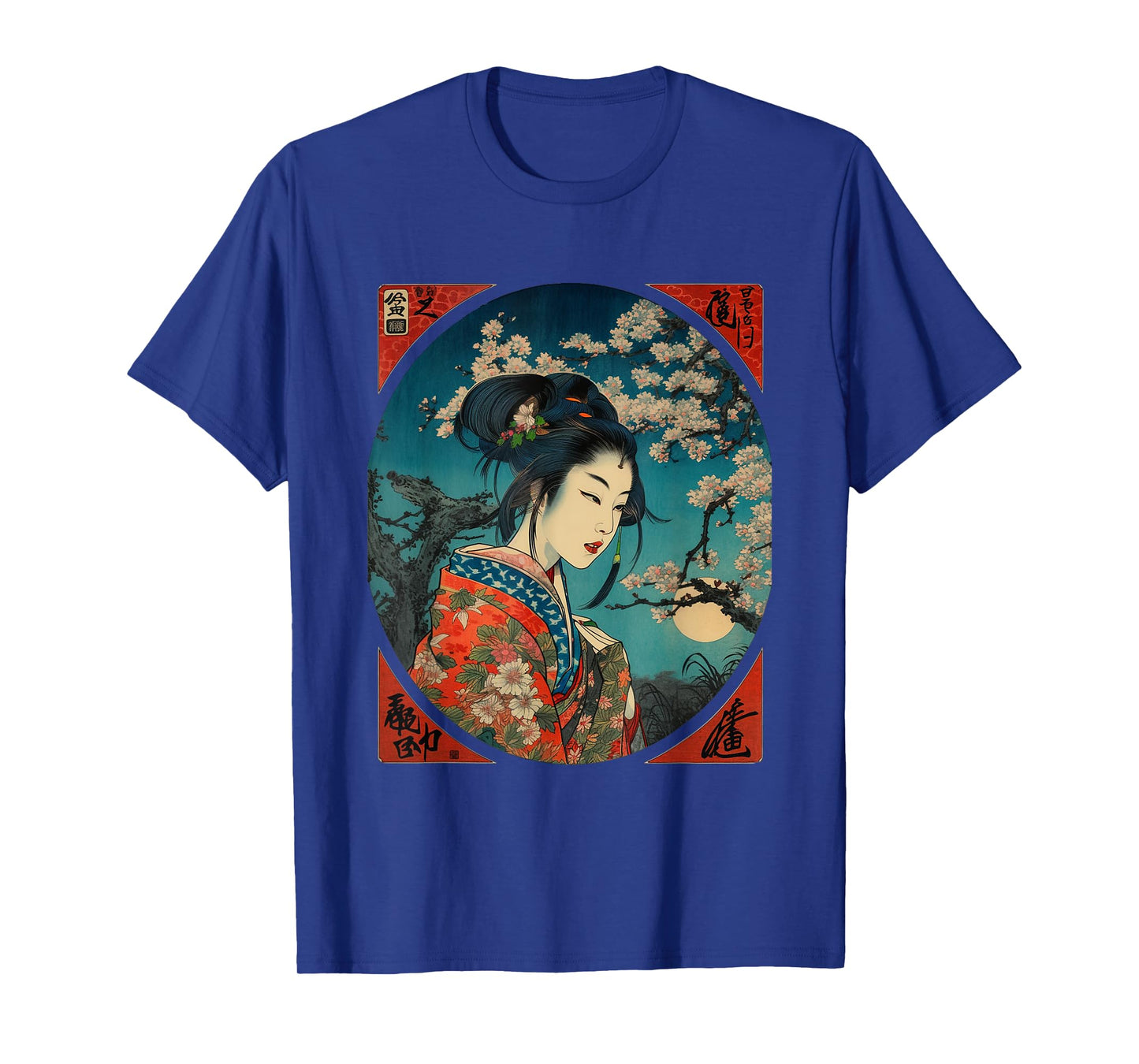 Vintage Geisha Cherry Blossom Woodblock Japanese Graphical T-Shirt