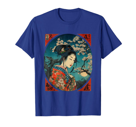 Vintage Geisha Cherry Blossom Woodblock Japanese Graphical T-Shirt