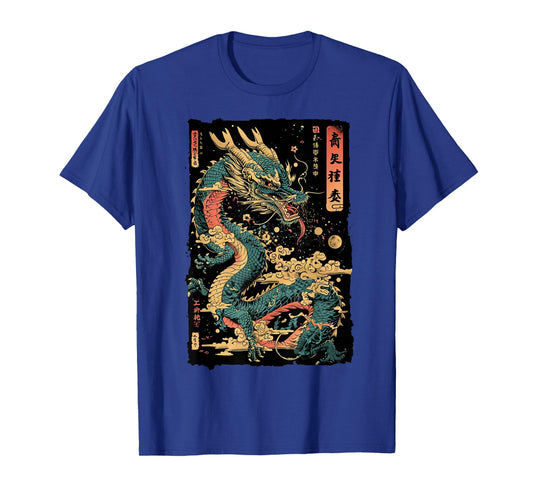 Dragon's Embrace: Sakura & Wave Art Fusion Graphic T-Shirt
