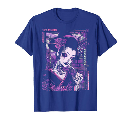 Anime Japanese Goth Cyberpunk City Geisha Purple Art Vintage T-Shirt