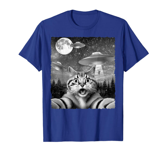 Funny Alien Cat Selfie with UFOs Gift Idea Men Women Kids T-Shirt