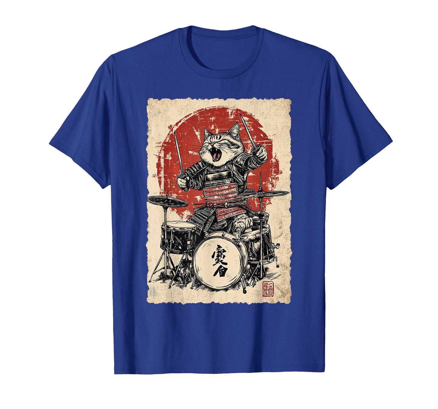 Vintage Japanese Music Samurai Cat Playing on Drum for Kids T-Shirt