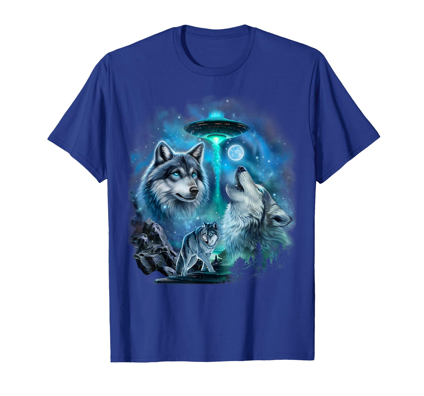 Alien Wolf Howling Moon UFO Galaxy Forest Night Art T-Shirt
