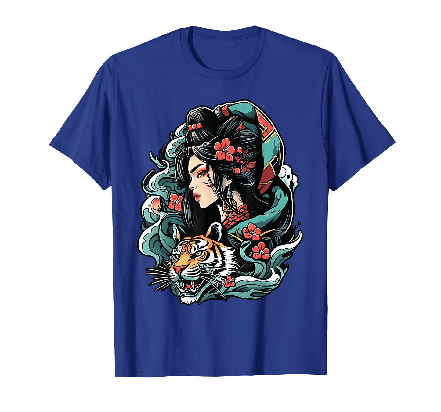 Inked Elegance Meets Fierce Spirit: Geisha and Tiger Graphic T-Shirt