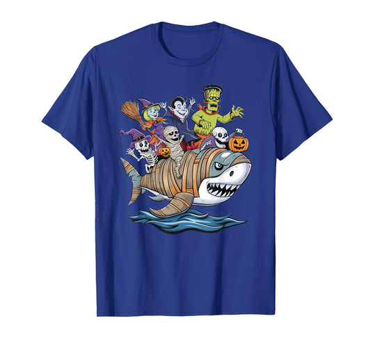 Skeleton Zombie Riding Mummy Shark Funny Halloween Pumpkin T-Shirt
