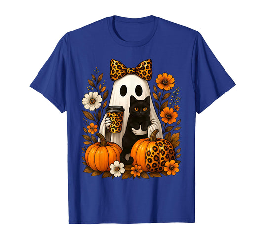 Ghost Holding a Cat & Coffee Leopard Print Autumn Halloween T-Shirt