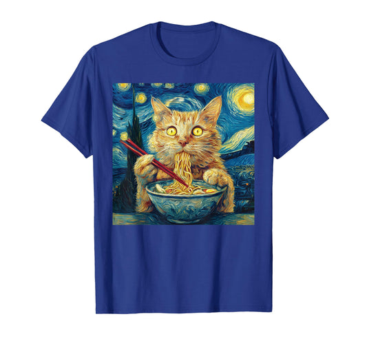 Cat Eating Ramen - Under Starry Sky Funny Noodle Cat Art T-Shirt