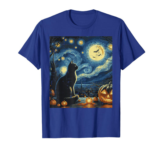 Halloween Cat Starry Night Funny Costume Art Women Men Kids T-Shirt