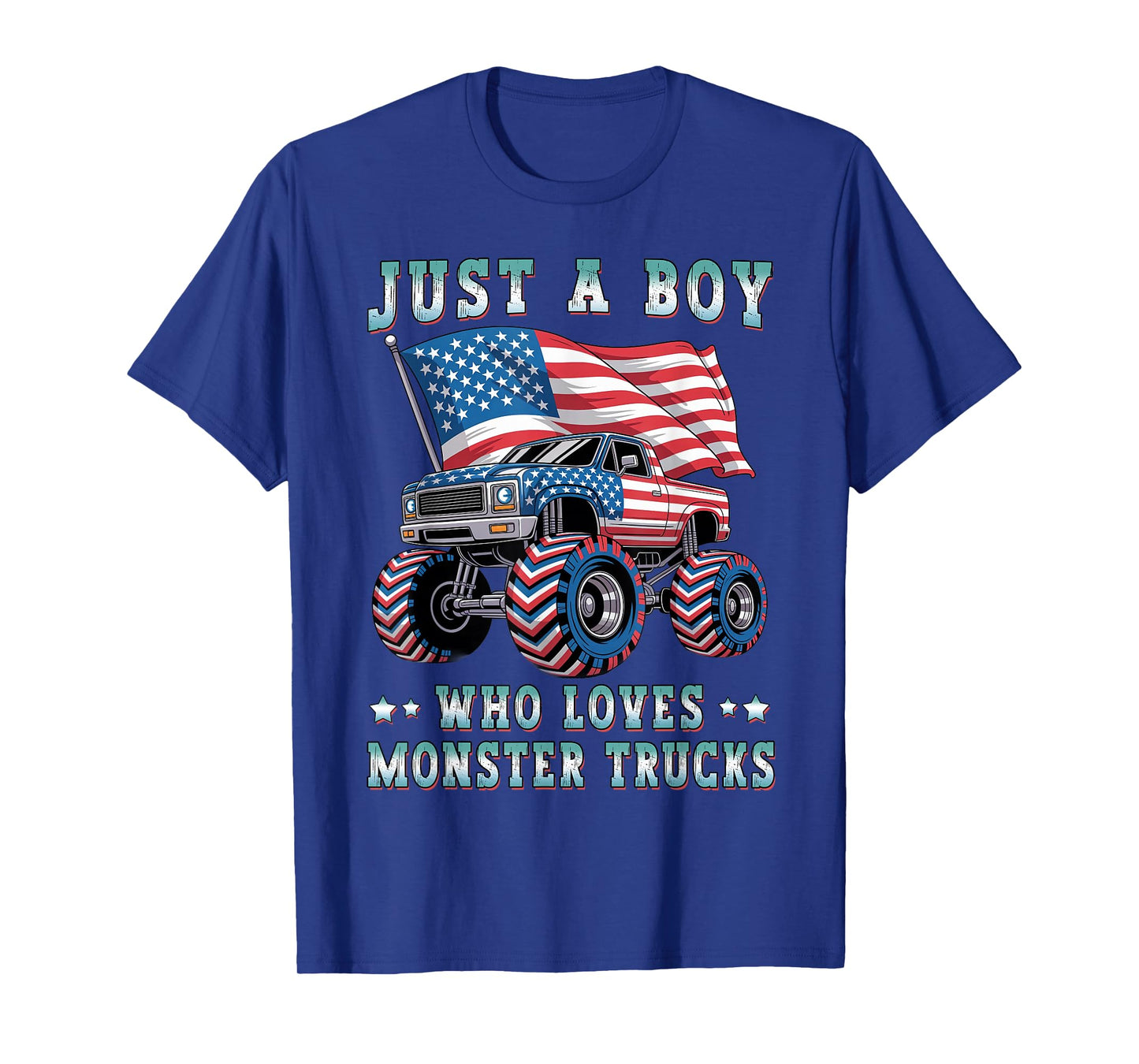 Just A Boy Who Loves Monster Trucks American Flag Kids Boys T-Shirt
