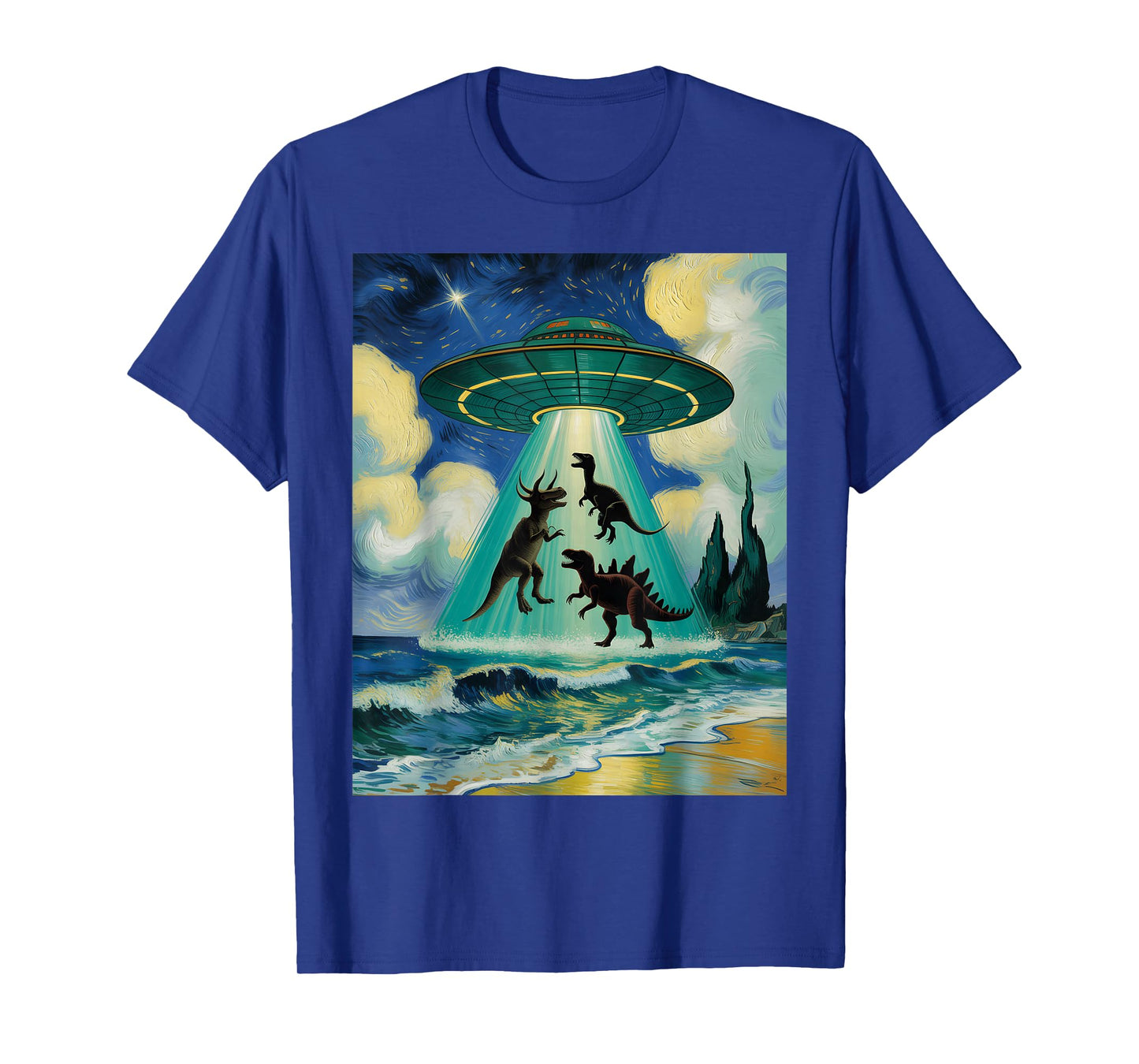 Starry Night Alien UFO Abduction Dinosaurs Van Gogh Art T-Shirt