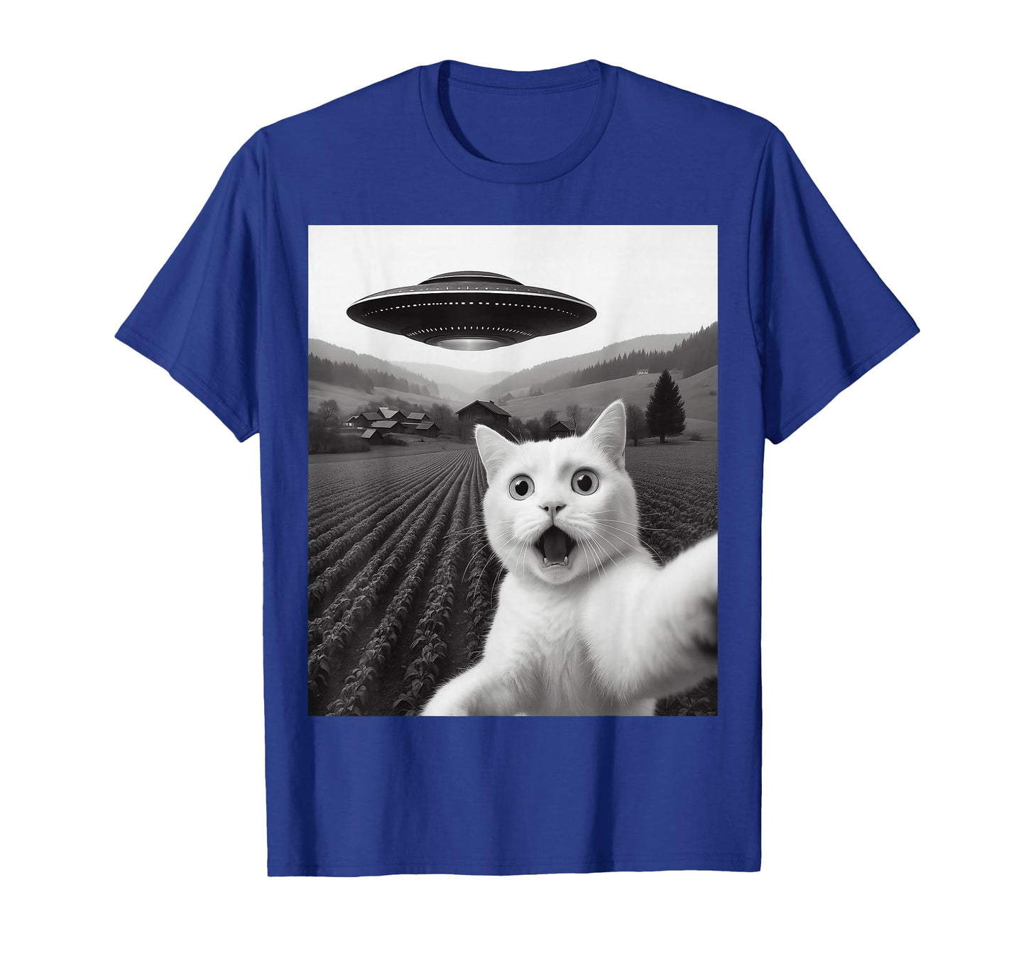 White Cat Selfie with Alien UFO Funny Kitty Abduction Tee T-Shirt