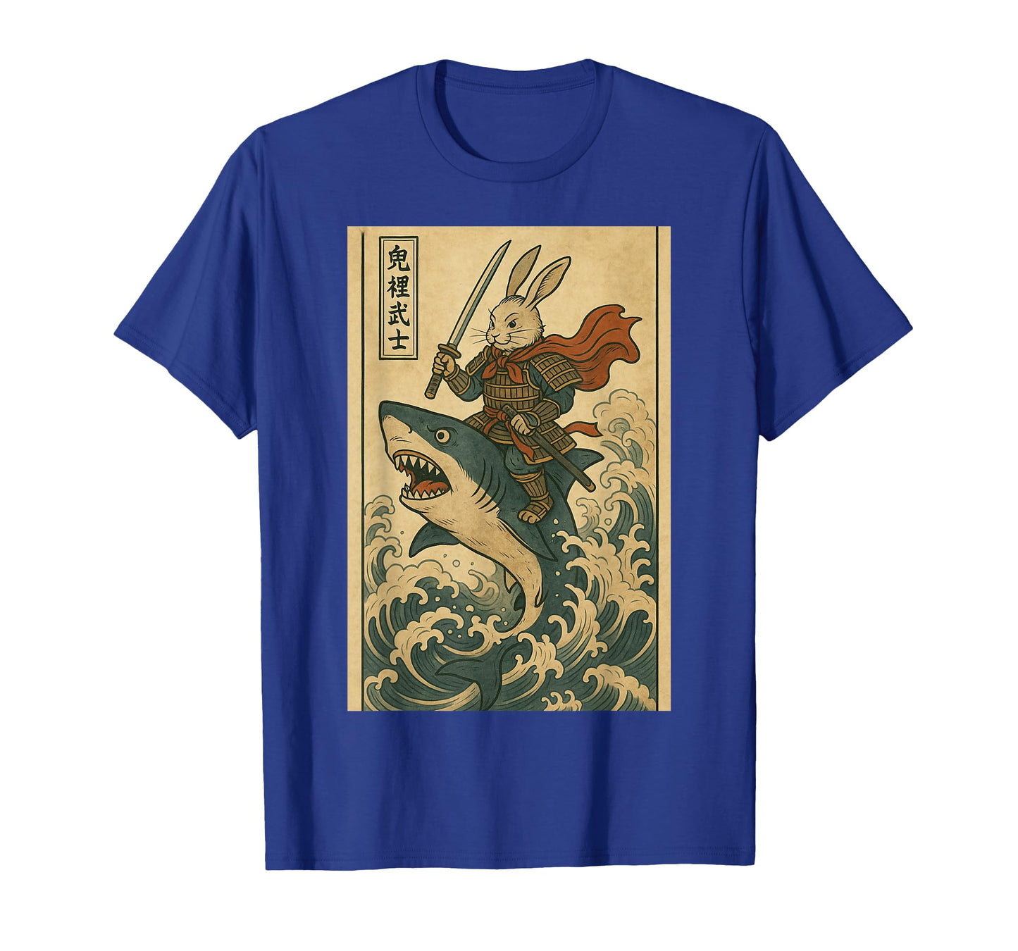Vintage Japanese Anime Bunny Rabbit Samurai Riding Shark T-Shirt