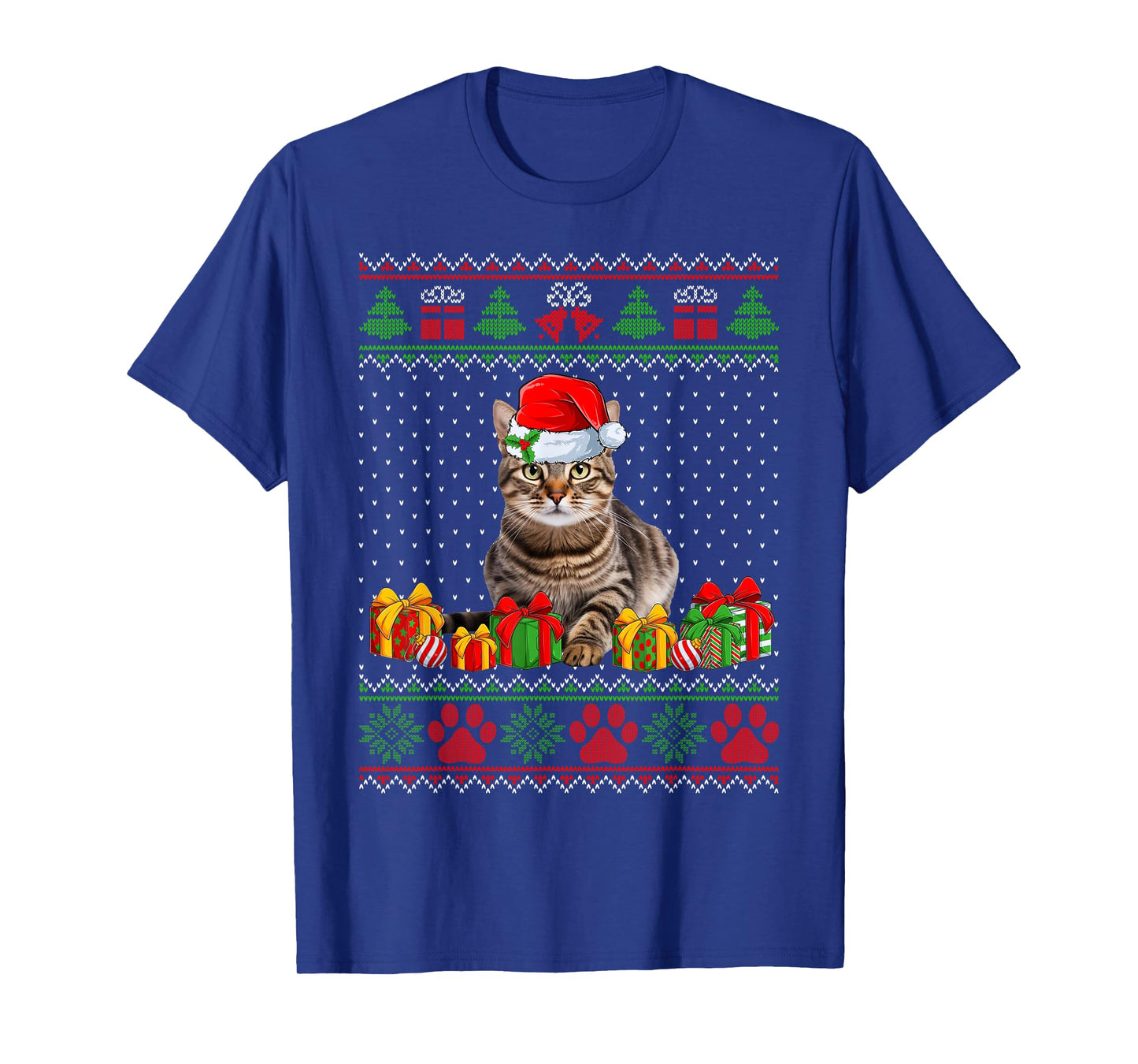 Funny Tabby Cat Santa Hat Ugly Christmas Sweater Xmas PJS T-Shirt for Men Women Kids