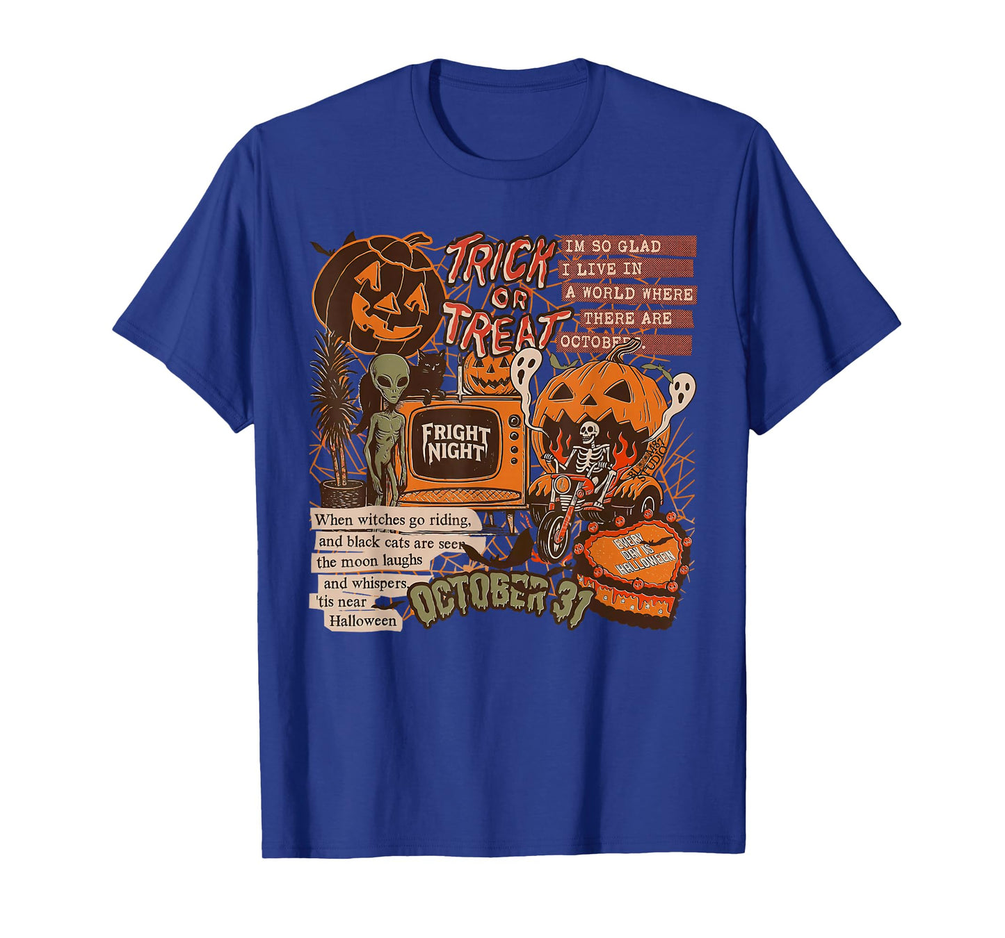 Fright Night Halloween Skeletons Aliens Pumpkins Black Cats T-Shirt