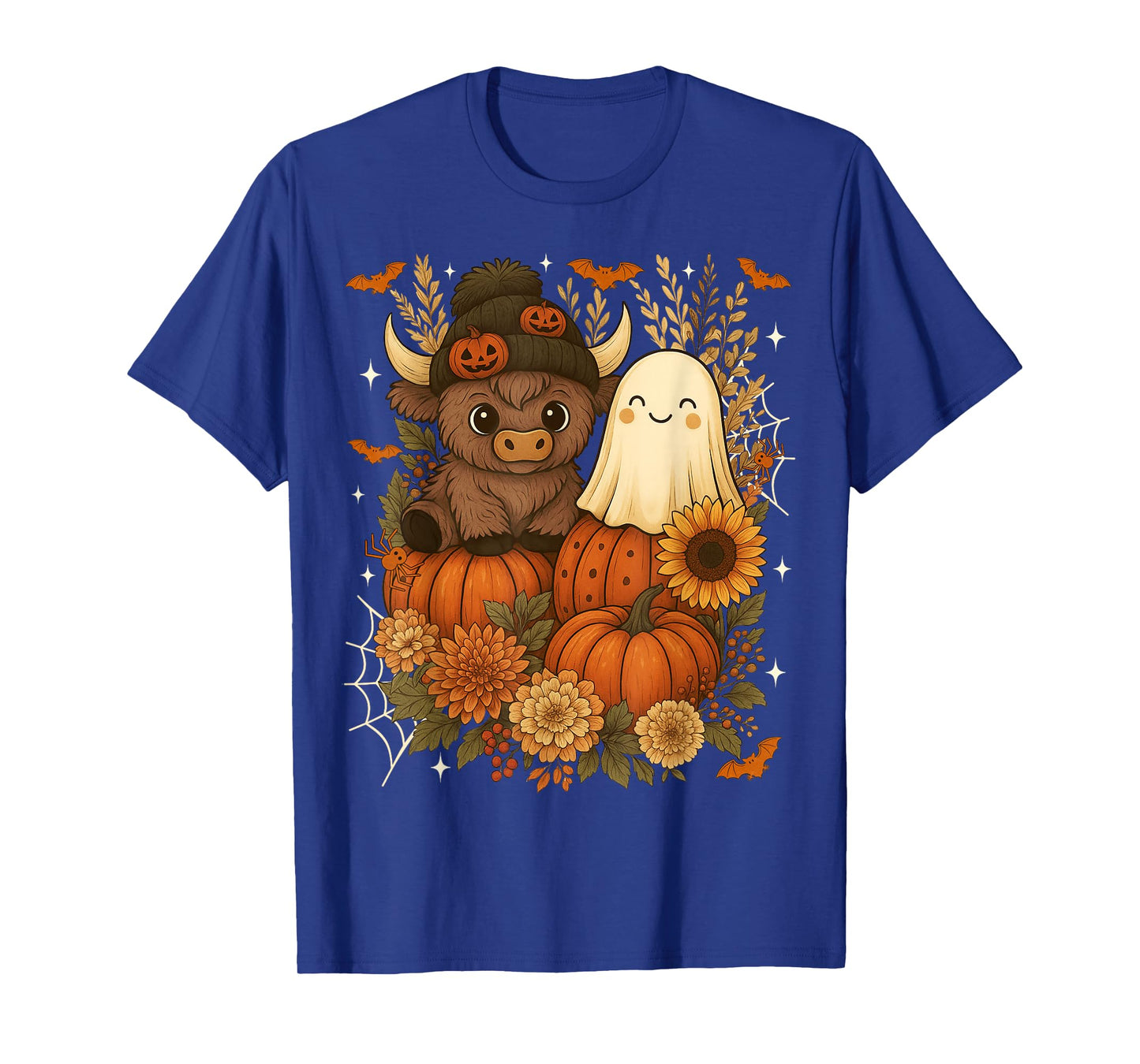 Retro Cute Fall Highland Cow Ghost Pumpkin Spooky Halloween T-Shirt