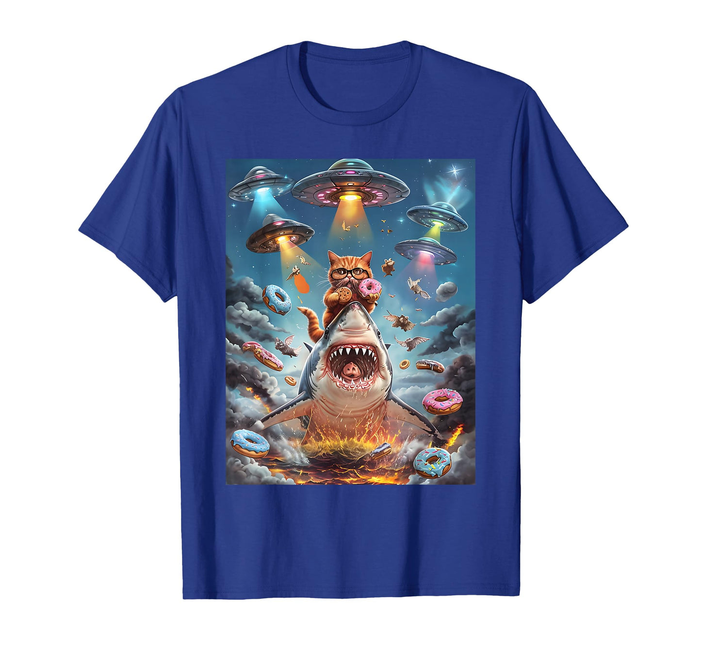 Funny Cat Riding Fire Breathing Shark Rainbow Birthday Kids T-Shirt
