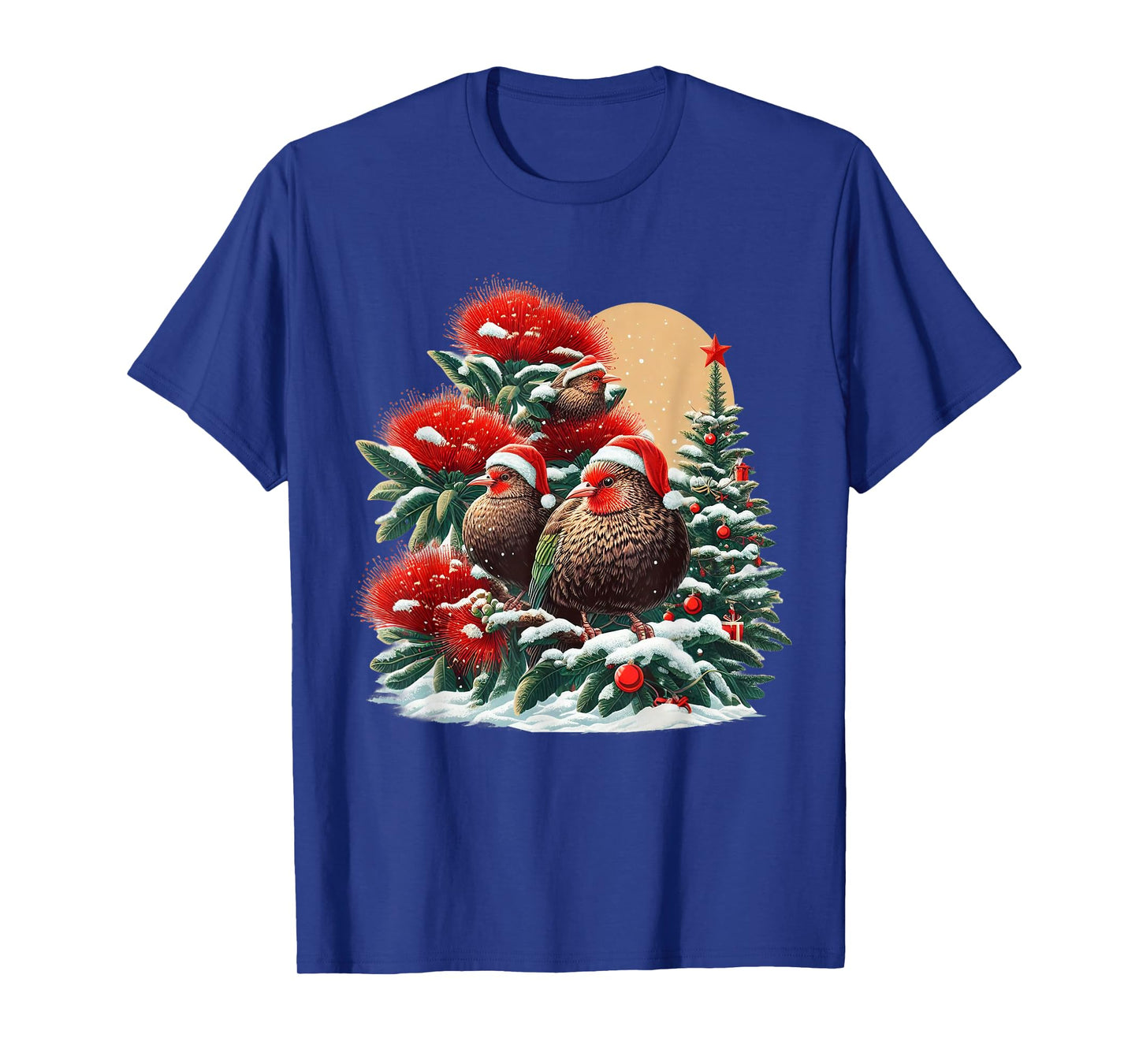 Christmas Pohutukawa Tree New Zealand Kiwi Birds Santa Hat T-Shirt