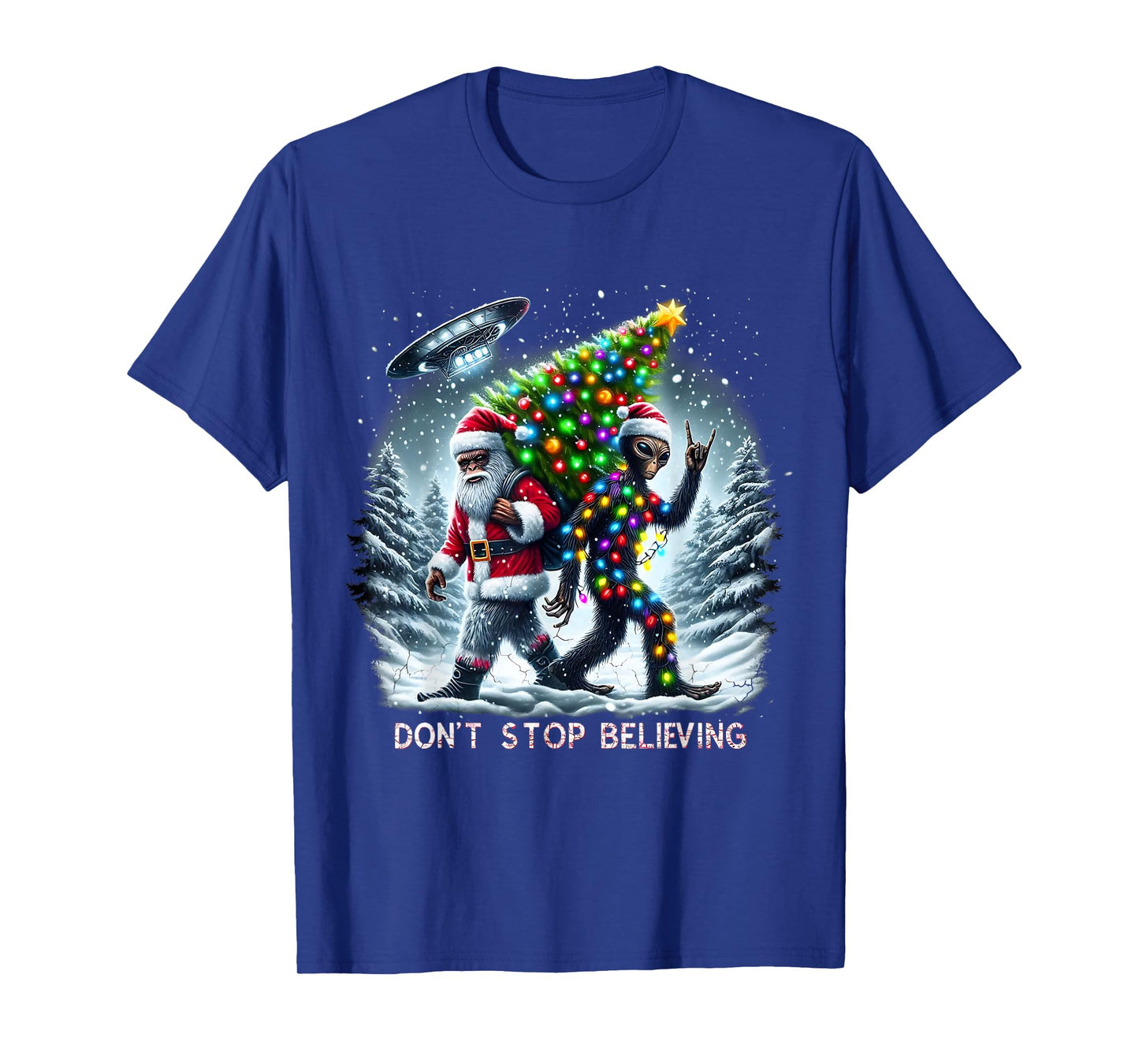Believe Funny Alien and Santa Christmas Design T-Shirt