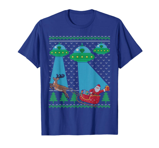 Funny Alien UFO Santa Sleigh Ugly Christmas Sweater Xmas PJS T-Shirt