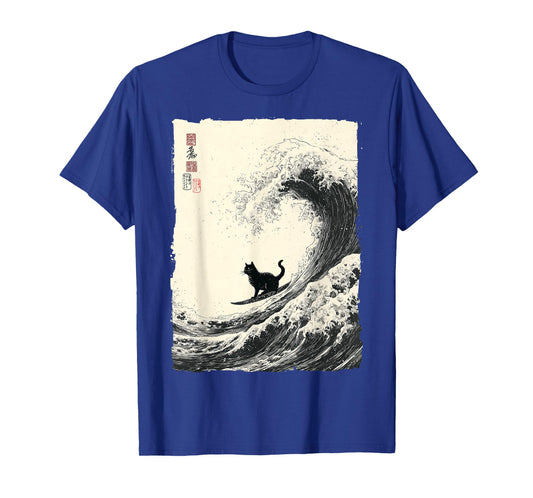 Funny Cat Surfing The Great Wave Japanese Ukiyo-e Art T-Shirt