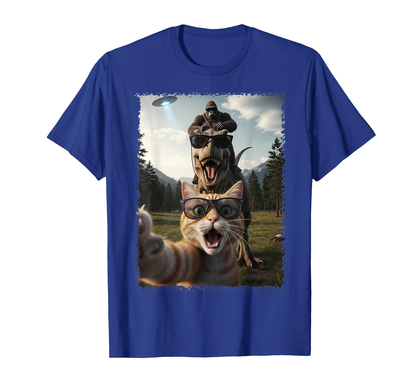 Funny Cat T-Rex Bigfoot Design UFO Selfie T-Shirt