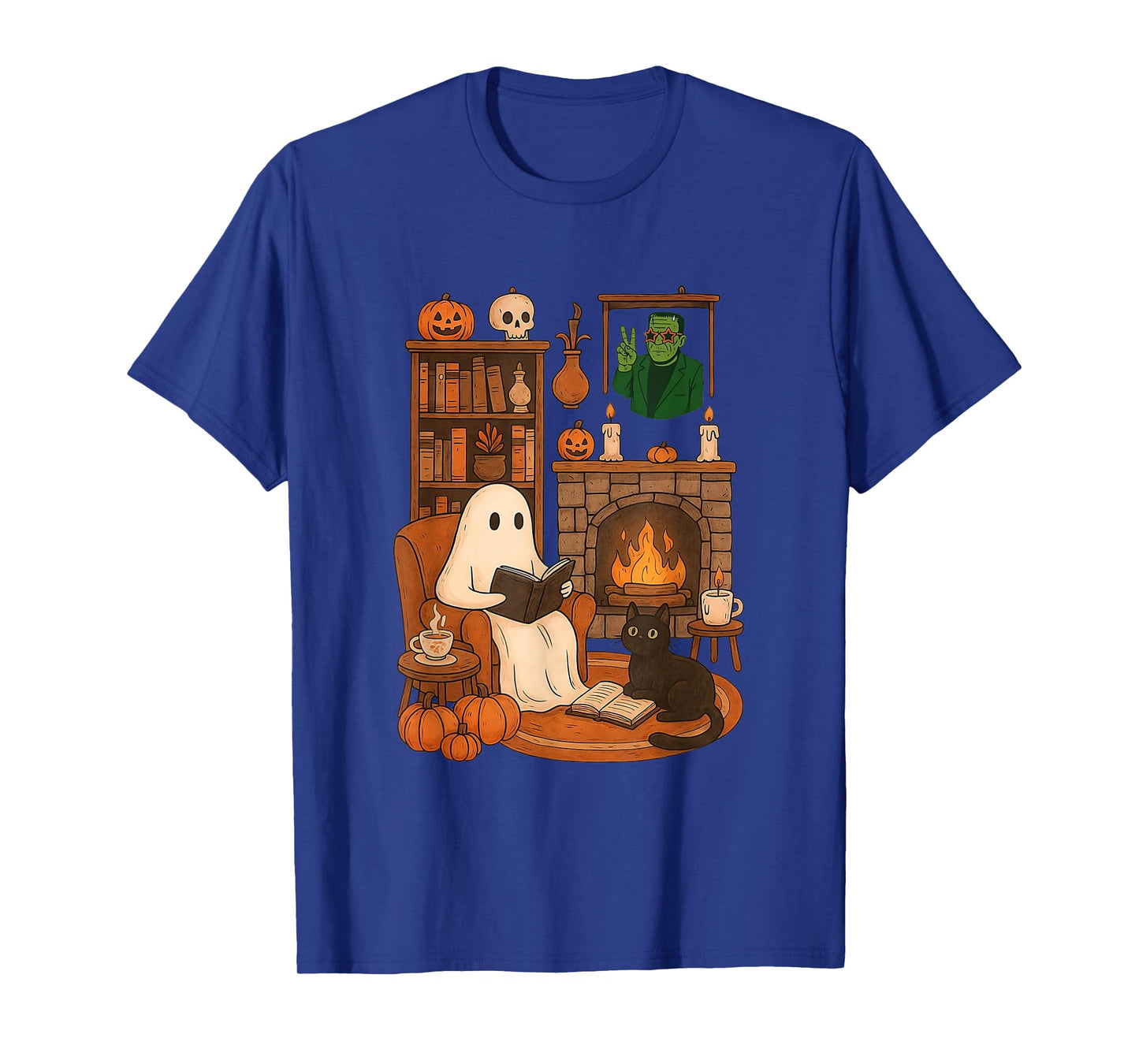 Retro Halloween Cozy Ghost Reading Book by 90s Frankenstein T-Shirt