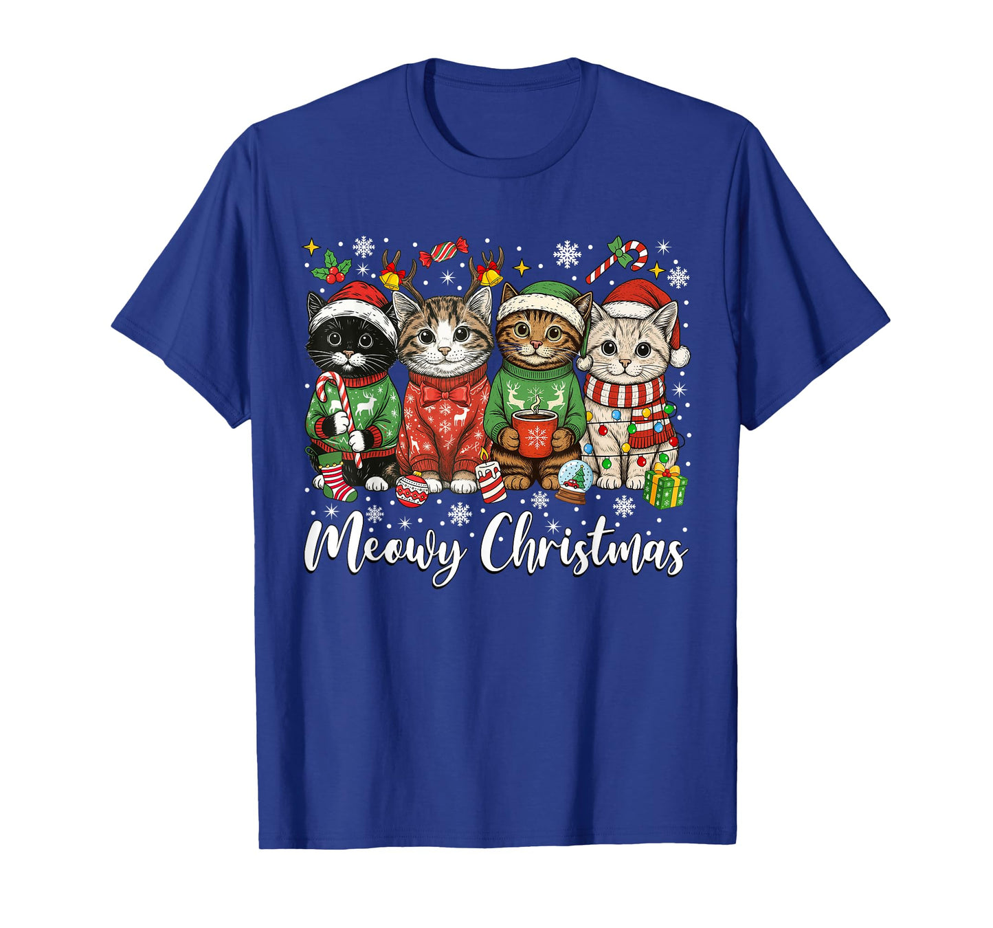 Cute Cats Meowy Christmas Light Santa Hat Merry Catmas Xmas T-Shirt